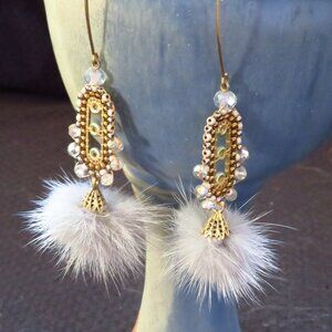 Fur puff earrings gray handmade